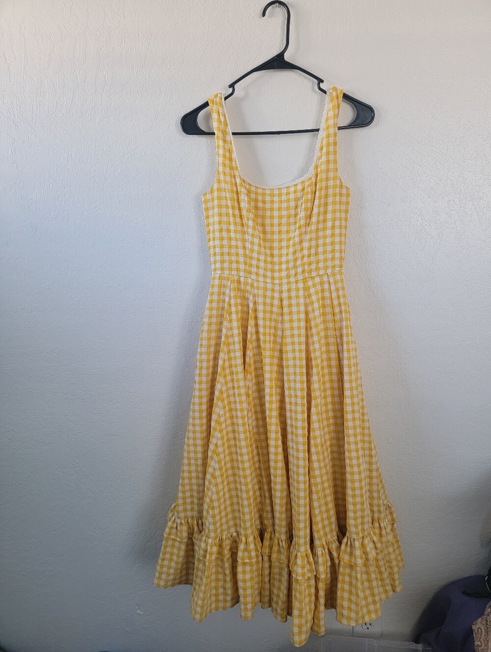 Jessakae Yellow Gingham Daze Midi Cottagecore Tiered Ruffle Square Neck Dresw Xs